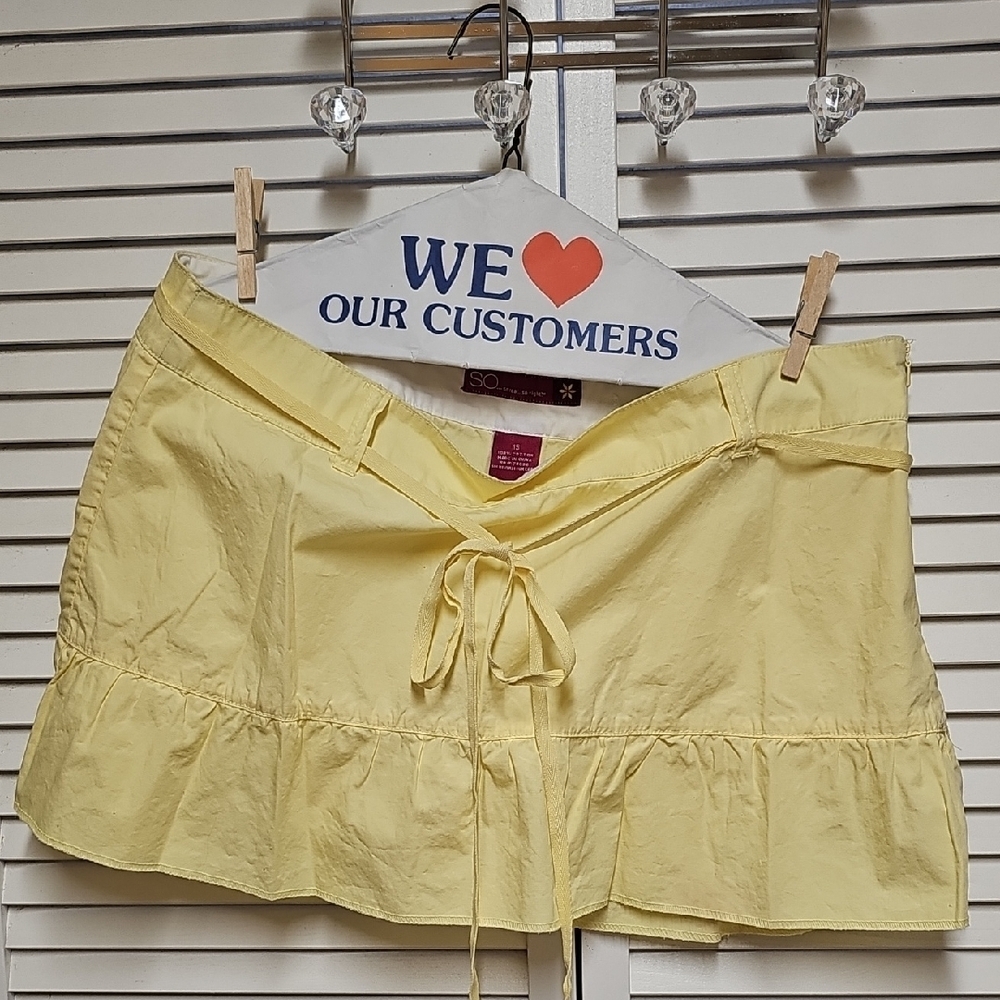 NWOT SO Yellow Cotton Skirt with Ruffle Hem And Tie Belt Size Zip Sz 15 Low Rise